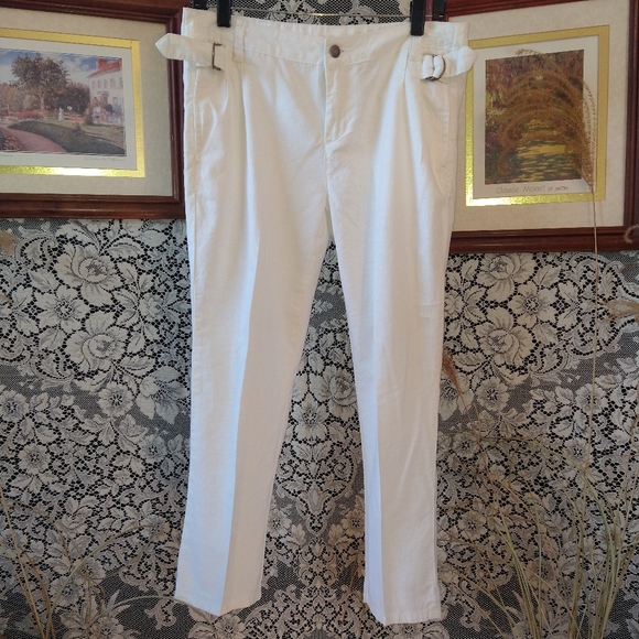 Jeanology Collection white pants linen and cotton blend with buckles on hips - Picture 1 of 6